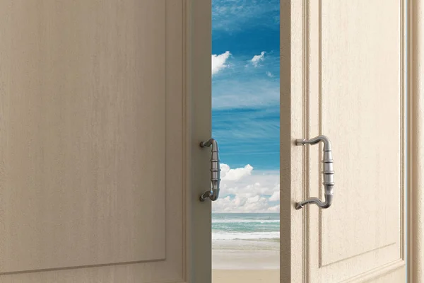 Opening door with beach view — Stock Photo, Image