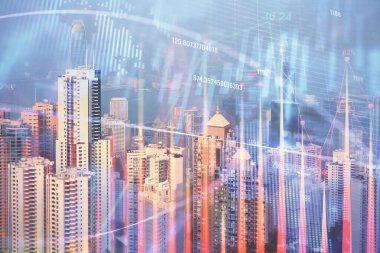 Gökdelenler arka planda çoklu pozlama ile şehir görünümünde eski grafik. Mali analiz kavramı.