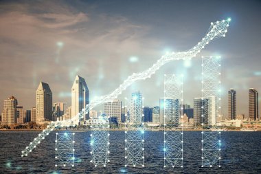 Gökdelenler, duvar kağıtları ve çoklu pozlama ile şehir manzarasının eski çizelgesi. Finansal araştırma kavramı.