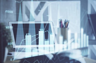 Bilgisayar geçmişi olan eski grafik hologramı. Çoklu maruz kalma. Finans piyasası kavramı.