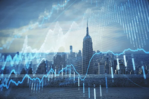 Forex graph on city view with skyscrapers background multi exposure. Financial analysis concept. — Stock Photo, Image