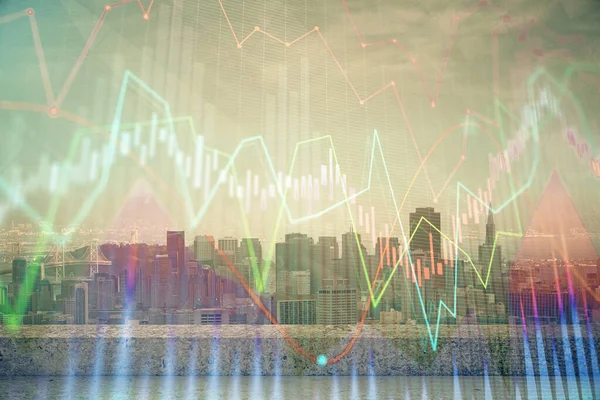 Forex-Graph auf Stadtansicht mit Wolkenkratzern Hintergrund Multi-Exposure. Finanzanalysekonzept. — Stockfoto