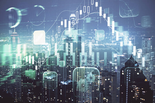 Double exposure of forex chart drawings over cityscape background. Concept of success.