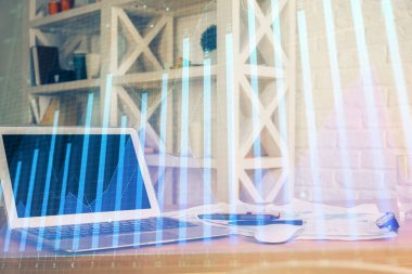 Eski pazar grafiği hologramı ve kişisel bilgisayar geçmişi. Çoklu maruz kalma. Yatırım kavramı.