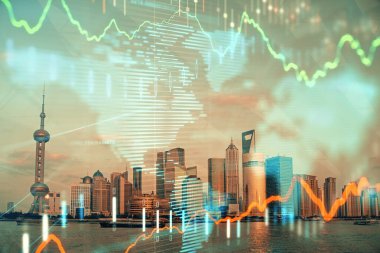 Gökdelenler arka planda çift pozlama ile şehir görünümünde eski grafik. Mali analiz kavramı.