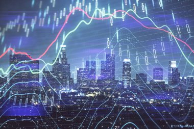 Yüksek binaların arka planında çoklu pozlama olan eski şehir haritası. Finansal araştırma kavramı.