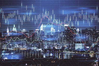 Cityscape arka plan üzerinde forex grafik çizimleri çift pozlama. Başarı kavramı.