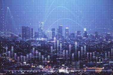 Yüksek binalar arka plan çift pozlama ile gece şehir scape mali grafik. Analiz kavramı.