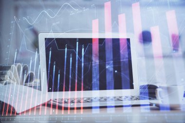 Bilgisayar geçmişi olan eski grafik hologramı. Çoklu maruz kalma. Finans piyasası kavramı.