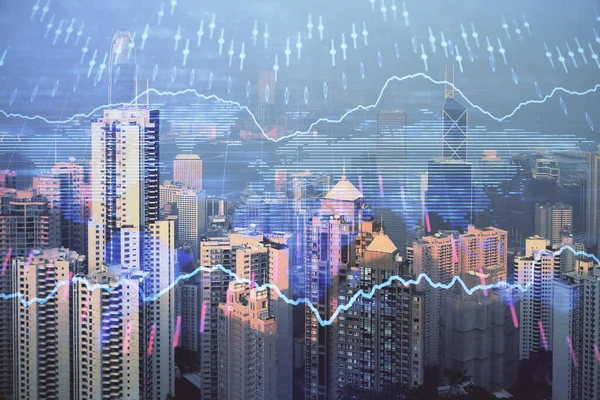 Gráfico Forex na vista da cidade com arranha-céus de fundo multi exposição. Conceito de análise financeira . — Fotografia de Stock