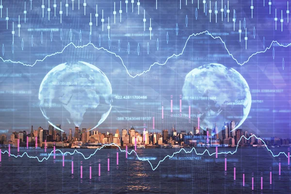 Gráfico de divisas en paisaje urbano con rascacielos fondo de pantalla doble exposición. Concepto de investigación financiera . —  Fotos de Stock