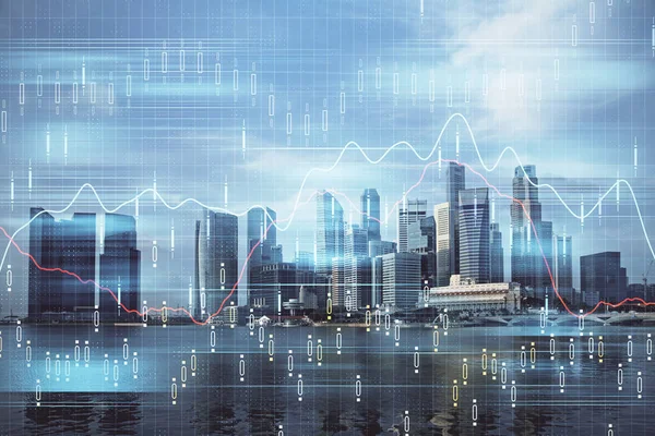 Forex chart a városkép magas épületek háttér multi expozíció. Pénzügyi kutatási koncepció. — Stock Fotó