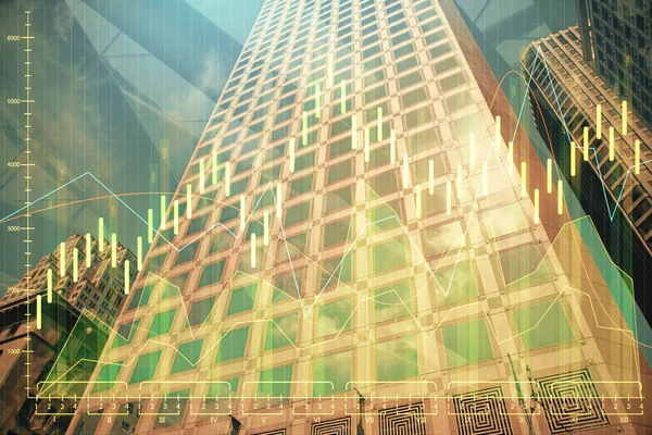 Forex chart on cityscape with tall buildings background multi exposure. Financial research concept. — Stock Photo, Image