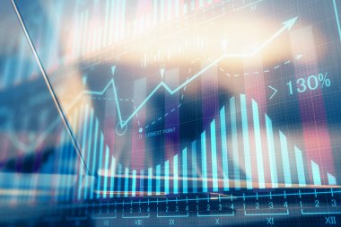 Kişisel bilgisayar arkaplanına çizilmiş borsa hologramı. Çifte maruziyet. Yatırım kavramı.