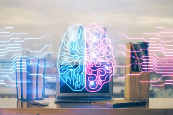 Dvojité vystavení pracovního stolu s počítačem a náčrtkem mozku hologramu. Koncept brainstorming. — Stock fotografie