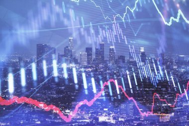 Yüksek binalar arka plan çift pozlama ile gece şehir scape mali grafik. Analiz kavramı.