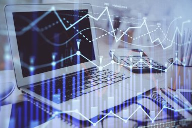 Bilgisayar geçmişi olan eski grafik hologramı. Çifte maruziyet. Finans piyasası kavramı.