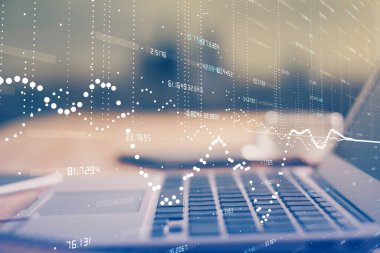 Teknoloji temalı çizim ve bilgisayarlı masa. Çifte maruziyet. Bilgi kavramı.