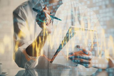 Finansal grafik el notları arka plan alarak üzerinde çizilmiş. Araştırma kavramı. Çoklu pozlama