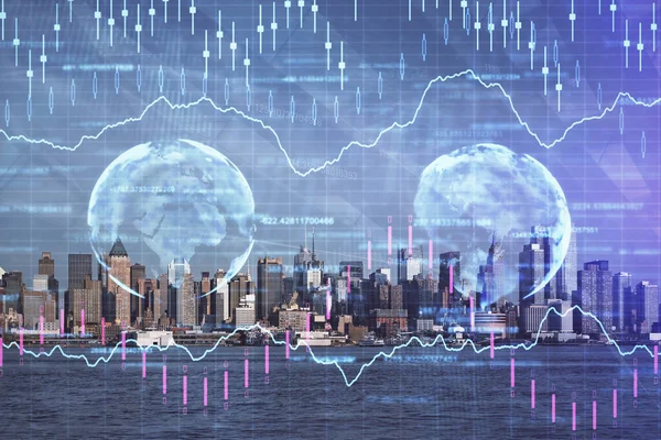 Gráfico de divisas en paisaje urbano con rascacielos fondo de pantalla doble exposición. Concepto de investigación financiera . —  Fotos de Stock