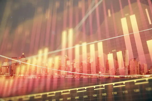 Financial graph on night city scape with tall buildings background double exposure. Analysis concept.