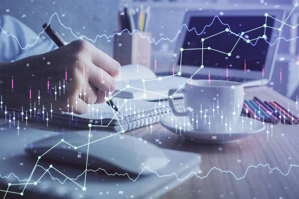 Cuadro financiero dibujado sobre las manos tomando notas de fondo. Concepto de investigación. Doble exposición — Foto de Stock