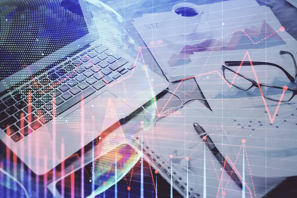 Financial market graph hologram and personal computer on background. Double exposure. Concept of forex. — Stock Photo, Image