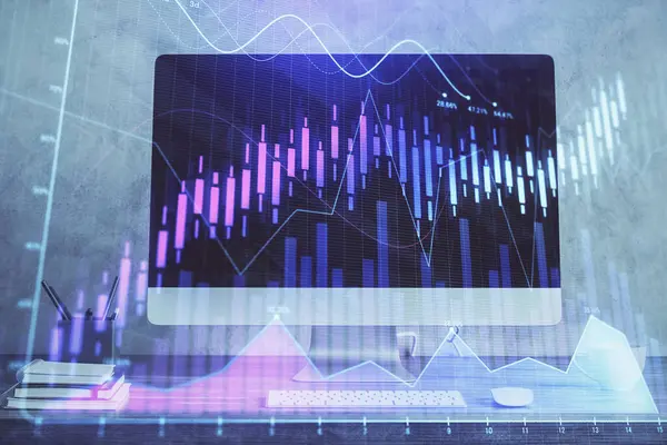 Forex marktkaart hologram en personal computer achtergrond. Meervoudige blootstelling. Begrip investering. — Stockfoto