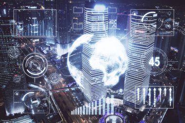 Yüksek binalar arka plan çok pozlama ile şehir scape mali grafik. Analiz kavramı.