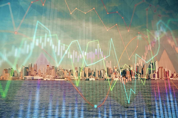 Forex graph on city view with skyscrapers background double exposure. Financial analysis concept. — Stock Photo, Image