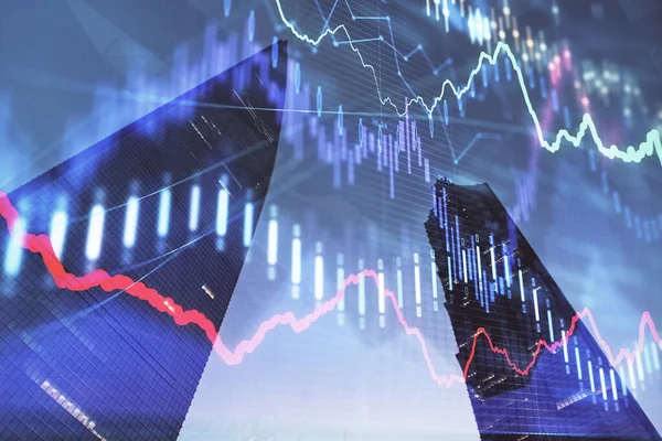 Yüksek binaların arka planında çoklu pozlama olan eski şehir haritası. Finansal araştırma kavramı.