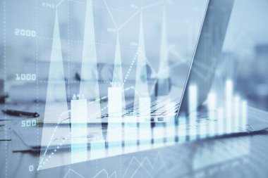 Bilgisayar geçmişi olan eski grafik hologramı. Çoklu maruz kalma. Finans piyasası kavramı.