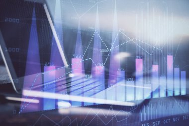 Eski pazar grafiği hologramı ve kişisel bilgisayar geçmişi. Çifte maruziyet. Yatırım kavramı.