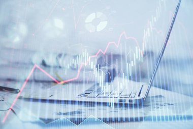 Bilgisayar geçmişi olan eski grafik hologramı. Çoklu maruz kalma. Finans piyasası kavramı.