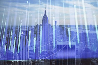 Gökdelenler arka planda çift pozlama ile şehir görünümünde eski grafik. Mali analiz kavramı.