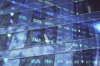 Yüksek binaların arka planında çoklu pozlama olan eski şehir haritası. Finansal araştırma kavramı.