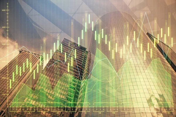 Devisendiagramm auf Stadtbild mit Wolkenkratzern Tapete Multi-Exposure. Finanzielles Forschungskonzept. — Stockfoto