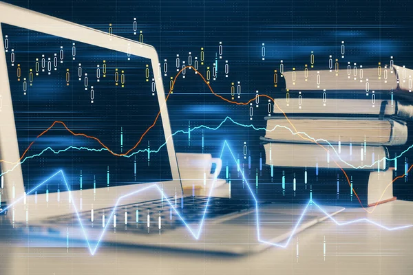 Gráfico financeiro desenho colorido e tabela com computador no fundo. Dupla exposição. Conceito de mercados internacionais. — Fotografia de Stock