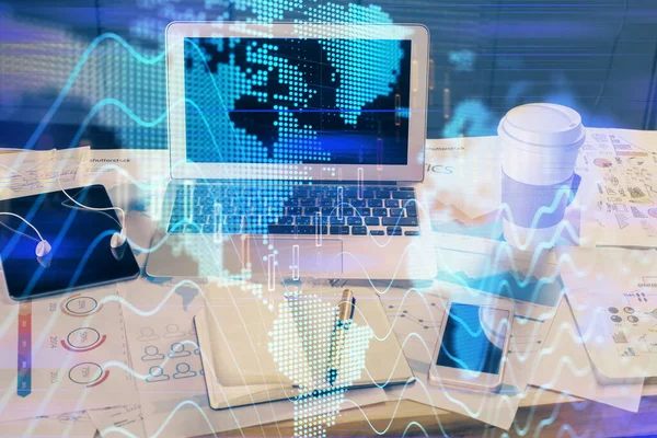 Stock market graph and table with computer background. Multi exposure. Concept of financial analysis. — Stock Photo, Image