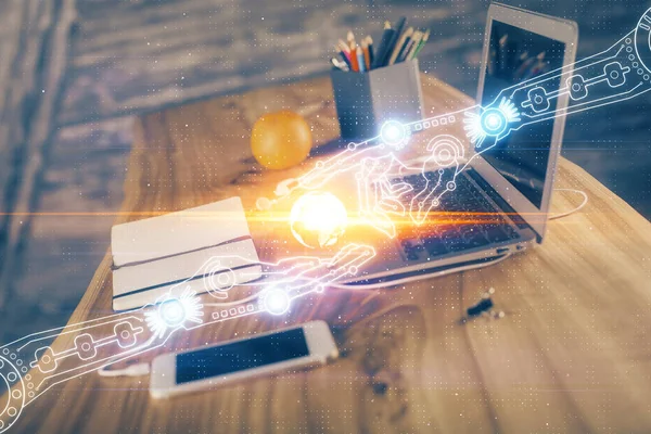 Technologie thema tekening en tafel met computer. Dubbele belichting. Begrip informatie. — Stockfoto