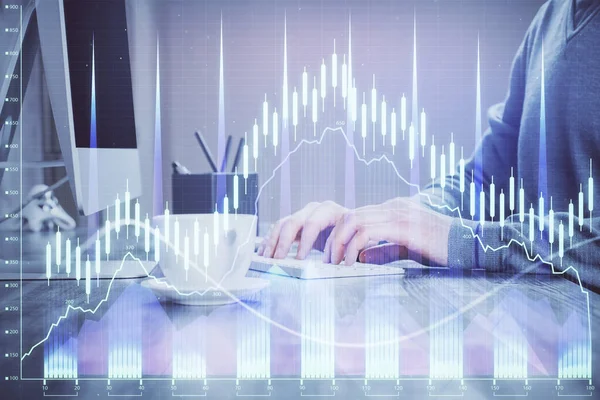 Multi exposure of graph with man typing on computer in office on background. Concept of hard work. — Stock Photo, Image