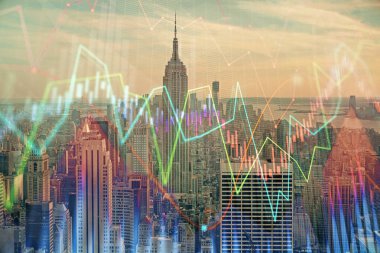 Gökdelenler arka planda çift pozlama ile şehir görünümünde eski grafik. Mali analiz kavramı.