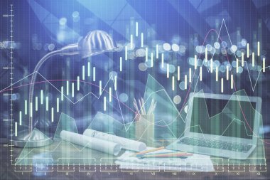 Grafik ve finansal bilgilere çifte maruz kalma ve bilgisayar geçmişi olan çalışma alanı. Uluslararası çevrimiçi ticaret kavramı.