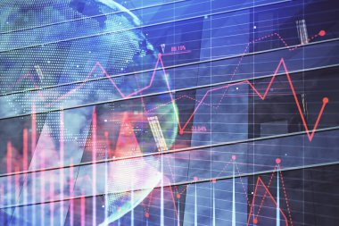Yüksek binaların arka planında çoklu pozlama olan eski şehir haritası. Finansal araştırma kavramı.