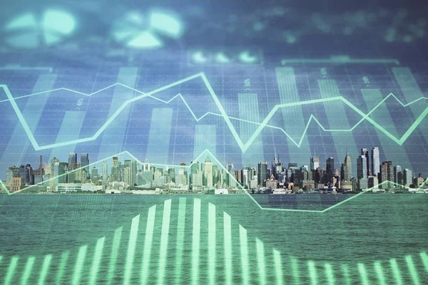 Forex graph on city view with skyscrapers background double exposure. Financial analysis concept. — Stock Photo, Image