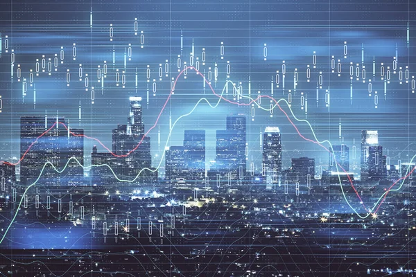 Forex chart a városkép magas épületek háttér multi expozíció. Pénzügyi kutatási koncepció. — Stock Fotó