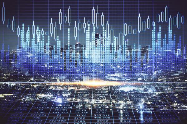 고층 건물 배경 이중 노출와 야간 도시 풍경에 금융 그래프. 분석 개념. — 스톡 사진