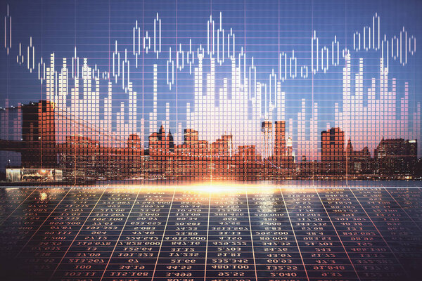 Financial graph on night city scape with tall buildings background double exposure. Analysis concept.