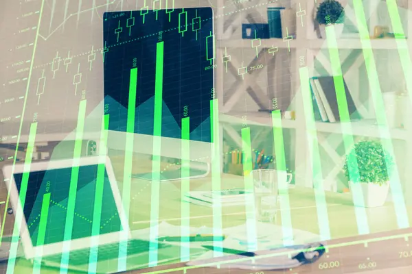 Forex market graph hologram and personal computer on background. Double exposure. Concept of investment. — Stock Photo, Image