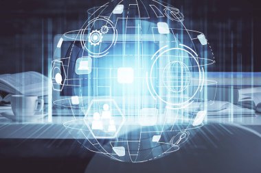 Sosyal ağ tema simgesi olan masaüstü bilgisayarı. Çoklu maruz kalma. Uluslararası bağlantılar kavramı.